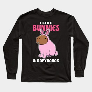 I Like Bunnies and Capybaras Cartoon Long Sleeve T-Shirt